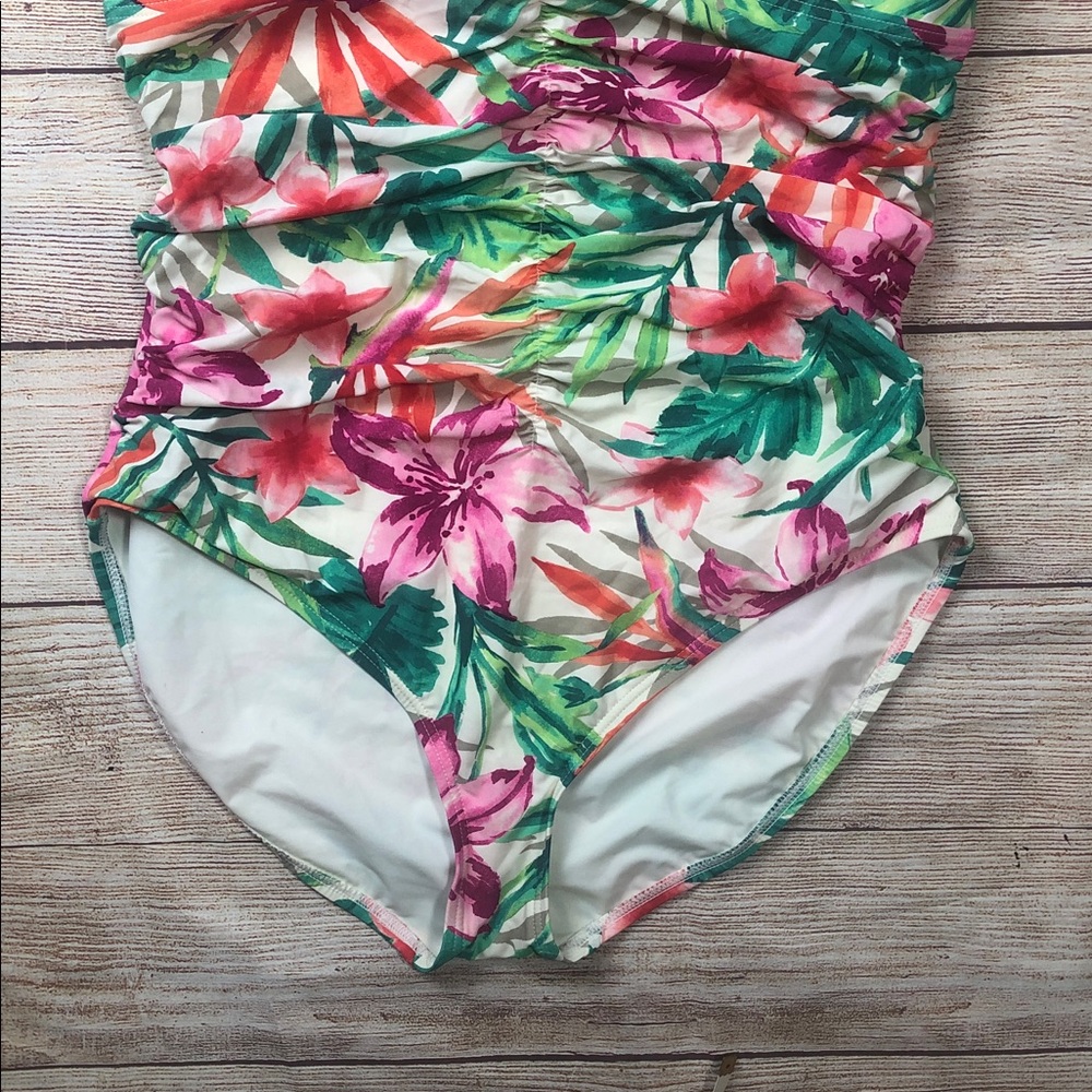 Contours by Coco‎ Reef Tropical Floral Ruched One-Piece in Pink & Green - Picture 7 of 11